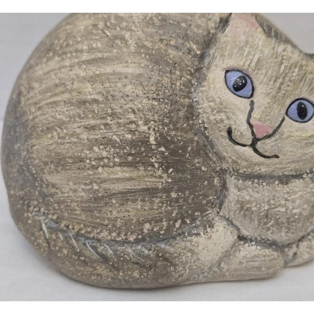 Vintage Ganz Resin Cat Figurine - Curled Up Tiger Striped Kitty, Rock Like Stone